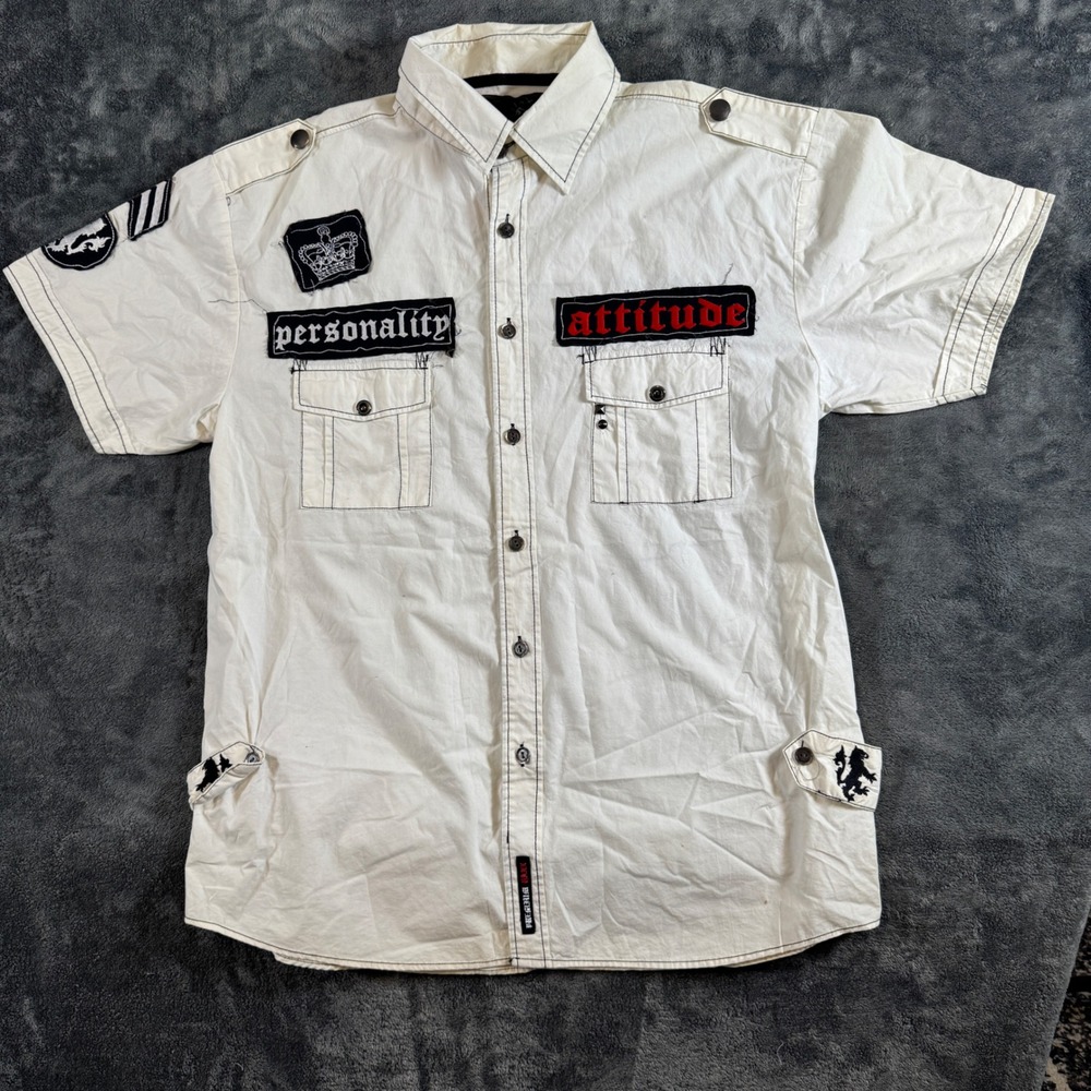 Y2K Punk Military Patch Shirt 2XL Premium Quality Collection Mens White Graphic